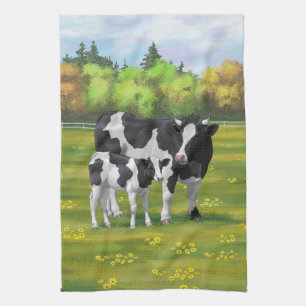 Holstein Cow & Cute Calf i sommarbetesmark Kökshandduk