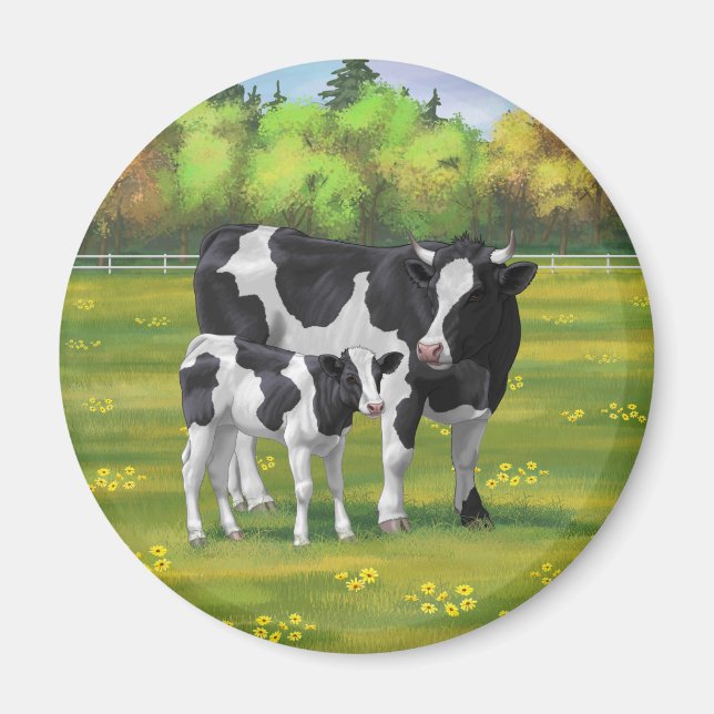 Holstein Cow & Cute Calf i sommarbetesmark Magnet (Framsidan)