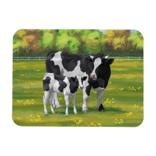 Holstein Cow & Cute Calf i sommarbetesmark Magnet