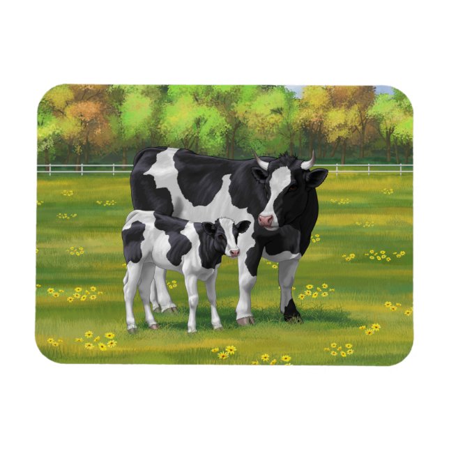 Holstein Cow & Cute Calf i sommarbetesmark Magnet (Horisontell)