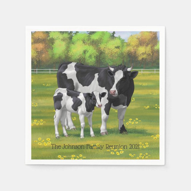 Holstein Cow & Cute Calf i sommarbetesmark Pappersservett (Framsidan)