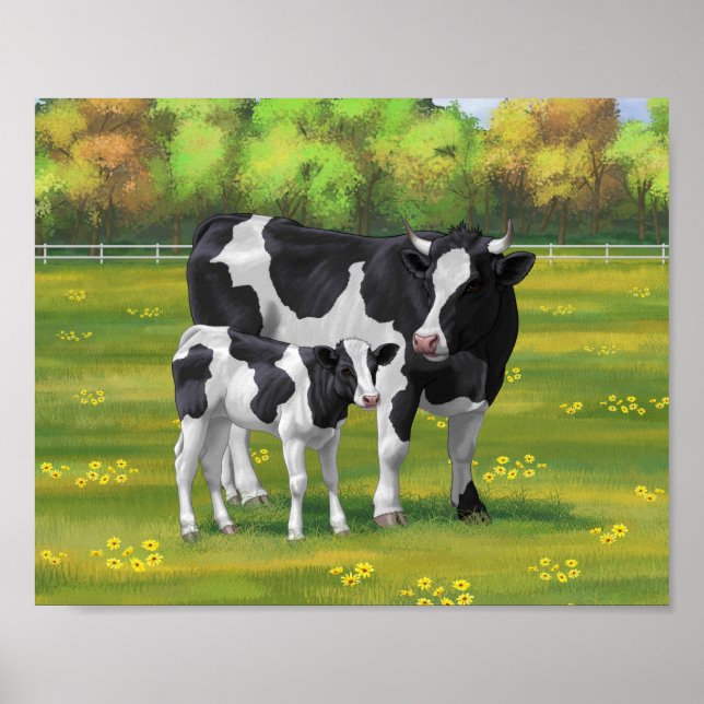 Holstein Cow & Cute Calf i sommarbetesmark Poster (Framsidan)