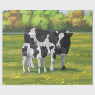 Holstein Cow & Cute Calf i sommarbetesmark Presentpapper