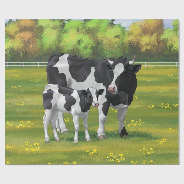 Holstein Cow & Cute Calf i sommarbetesmark Presentpapper (Platt)