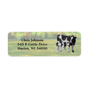 Holstein Cow & Cute Calf i sommarbetesmark Returadress Etikett