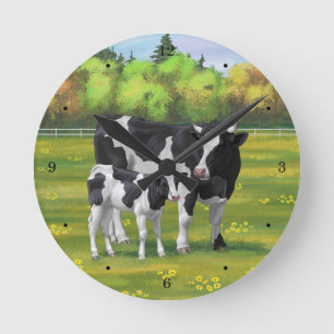 Holstein Cow & Cute Calf i sommarbetesmark Rund Klocka