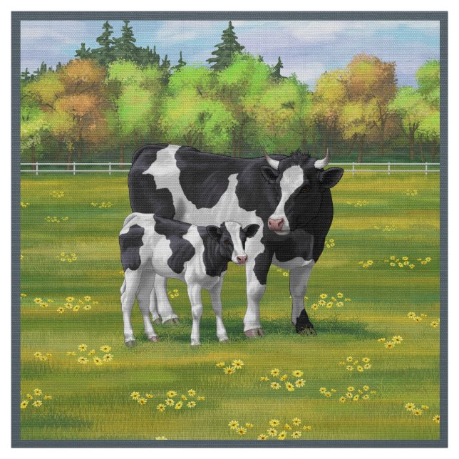 Holstein Cow & Cute Calf i sommarbetesmark Tyg (Provkarta)