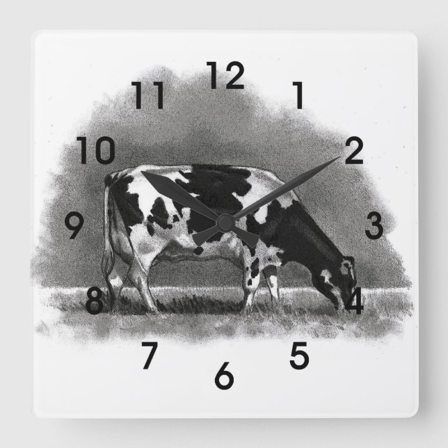 Holstein Cow Grazing: Original Pencil Art Fyrkantig Klocka (Framsida)