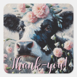 Holstein Cow i Flowers Farm Farmhouse Painting Fyrkantigt Klistermärke