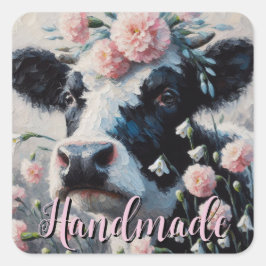 Holstein Cow i Flowers Farm Farmhouse Painting Fyrkantigt Klistermärke