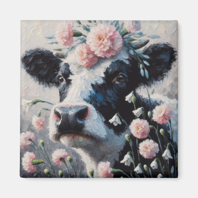 Holstein Cow i Flowers Farm Farmhouse Painting Magnet (Framsidan)