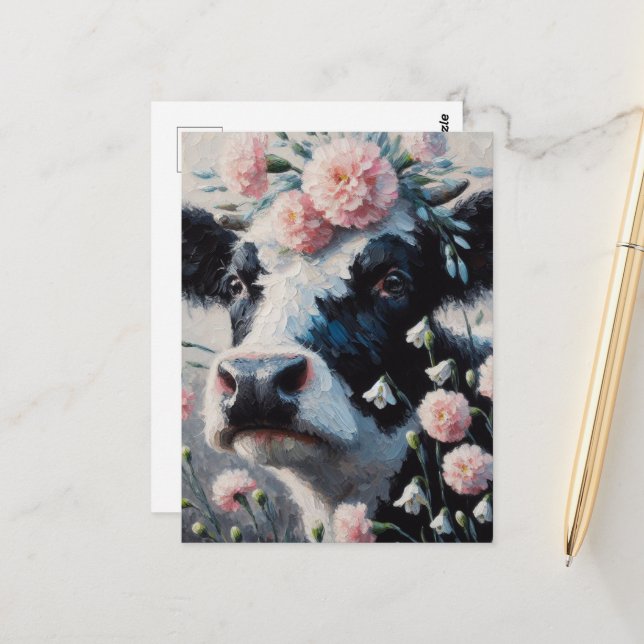 Holstein Cow i Flowers Farm Farmhouse Painting Vykort (Fram/Back In Situ)