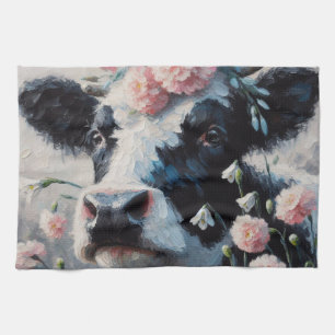 Holstein Cow i Rosa Carnations Painting Kökshandduk