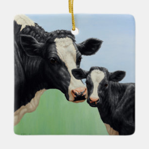 Holstein Cow och Calf Julgransprydnad Keramik