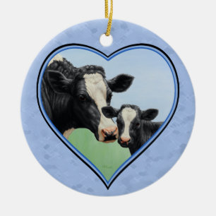 Holstein Cow och Cute Calf Blue Heart Julgransprydnad Keramik