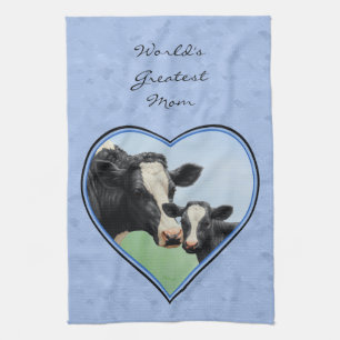 Holstein Cow och Cute Calf Blue Heart Kökshandduk
