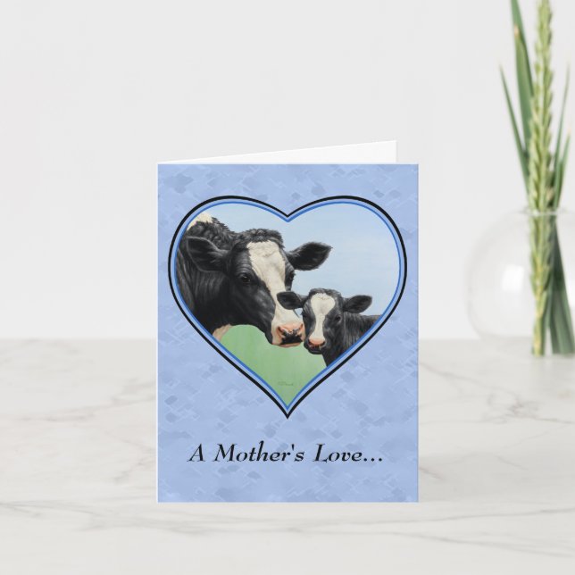 Holstein Cow och Cute Calf Blue Heart Kort (Framsida)