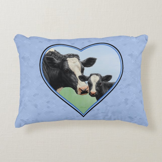 Holstein Cow och Cute Calf Blue Heart Prydnadskudde (Framsidan)