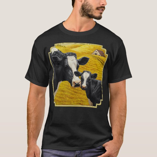 Holstein Cow och Cute Calf Cattle Farmer Art T Shirt (Framsida)