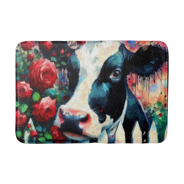 Holstein Cow Picket Fence Red Roses Black Red Badrumsmatta (Framsidan)