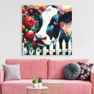 Holstein Cow Picket Fence Röd ros Black Red Canvastryck