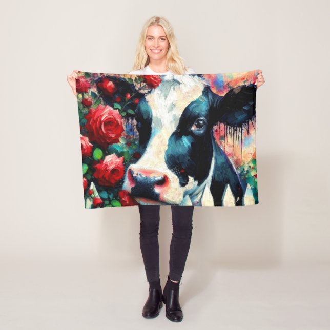 Holstein Cow Picket Fence Röd ros Black Red Fleecefilt (På plats)