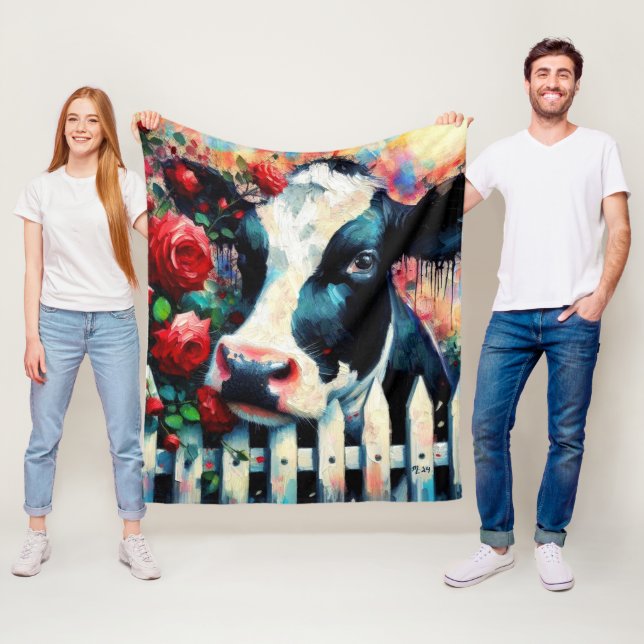 Holstein Cow Picket Fence Röd ros Black Red Fleecefilt (På plats)
