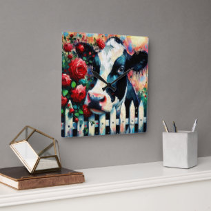 Holstein Cow Picket Fence Röd ros Black Red Fyrkantig Klocka