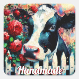 Holstein Cow Picket Fence Röd ros Black Red Fyrkantigt Klistermärke