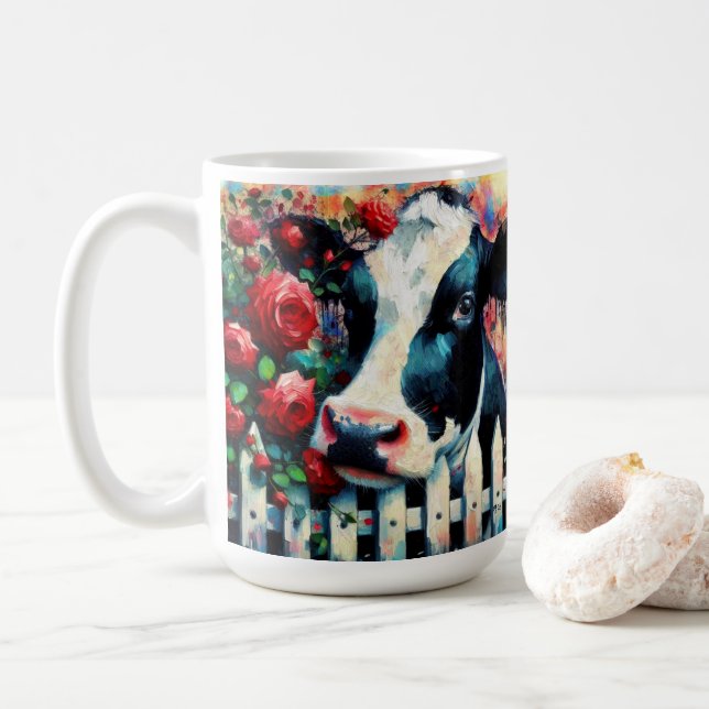 Holstein Cow Picket Fence Röd ros Black Red Kaffemugg (Med munk)