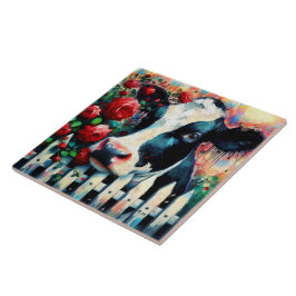 Holstein Cow Picket Fence Röd ros Black Red Kakelplatta