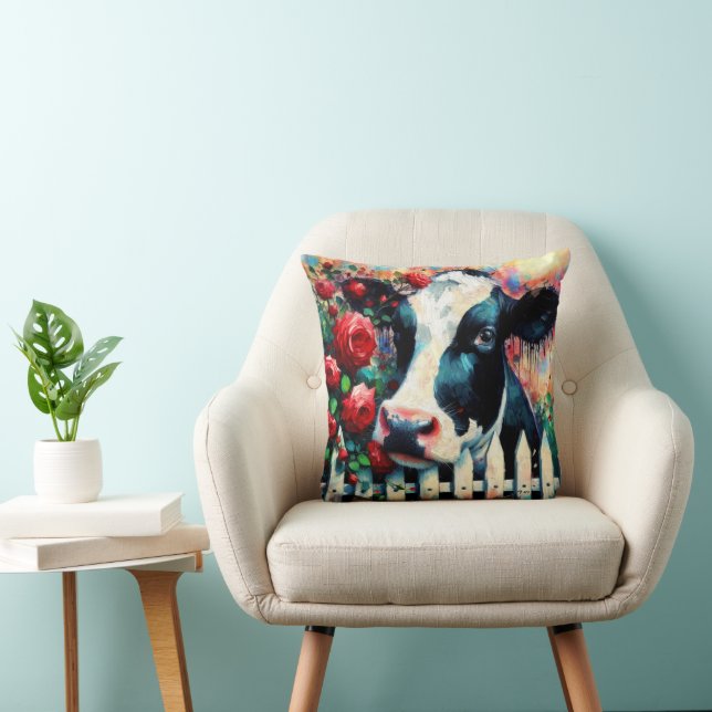 Holstein Cow Picket Fence Röd ros Black Red Kudde (Stol)