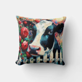 Holstein Cow Picket Fence Röd ros Black Red Kudde