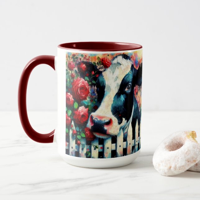Holstein Cow Picket Fence Röd ros Black Red Mugg (Med munk)