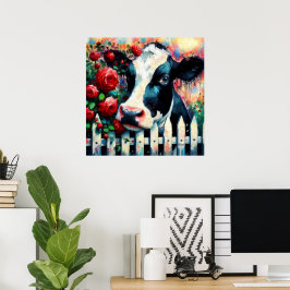 Holstein Cow Picket Fence Röd ros Black Red Poster