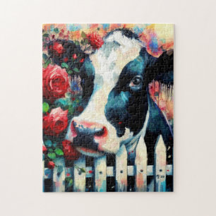 Holstein Cow Picket Fence Röd ros Black Red Pussel