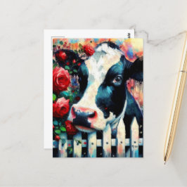 Holstein Cow Picket Fence Röd ros Black Red Vykort