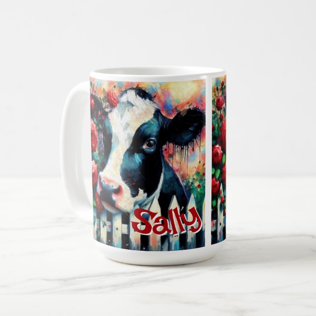 Holstein Cow Picket Fence Röd ros Personlig Kaffemugg (Framsida vänster)