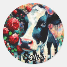 Holstein Cow Picket Fence Röd ros Personlig Runt Klistermärke