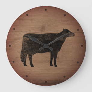Holstein Cow Silhouette Faux Weasted Wood Rustic Stor Klocka