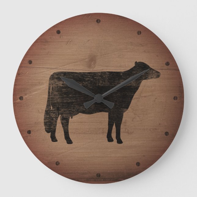 Holstein Cow Silhouette Faux Weasted Wood Rustic Stor Klocka (Framsida)
