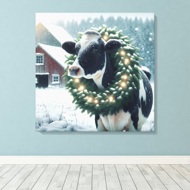 Holstein Cow Wade en julkrans Canvastryck (Insitu (trägolv))