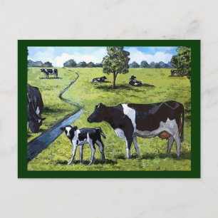 HOLSTEIN COWS IN PASTURE: Handmålad konst Vykort