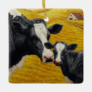 Holstein Cows och Old Wood Barn Julgransprydnad Keramik