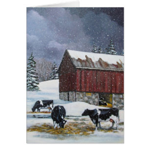 Holstein kor i snöig Barnyard: Original- målning Hälsningskort