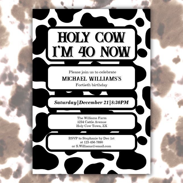 Holy Cow Funny Black White 40th Birthday Inbjudningar (Skapare uppladdad)