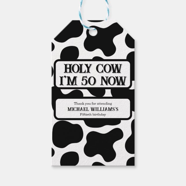 Holy Cow Funny Black White 50th Birthday Presentetikett (Framsidan)