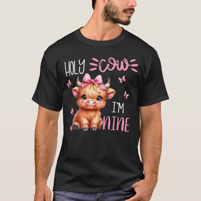 Holy Cow I'm Nine 9 Highland Cow Print 9th Birthda T Shirt (Framsida)