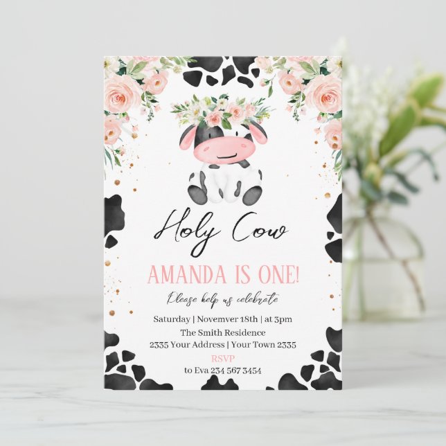 Holy Cow I'm One. Little Cow. Floral Birthday Inbjudningar (Stående Fram)