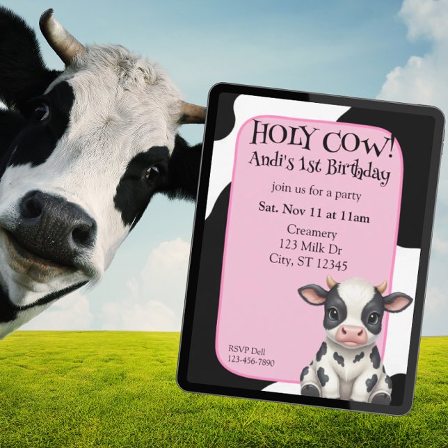 Holy Cow, pink, cow 1st Birthday Inbjudningar (Skapare uppladdad)